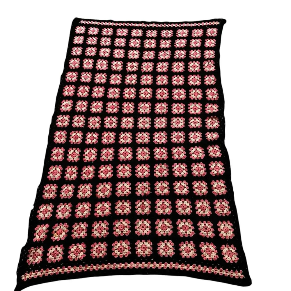 Vintage Handmade Granny Square Throw Pink Black Rose Floral Cottagecore 34x60